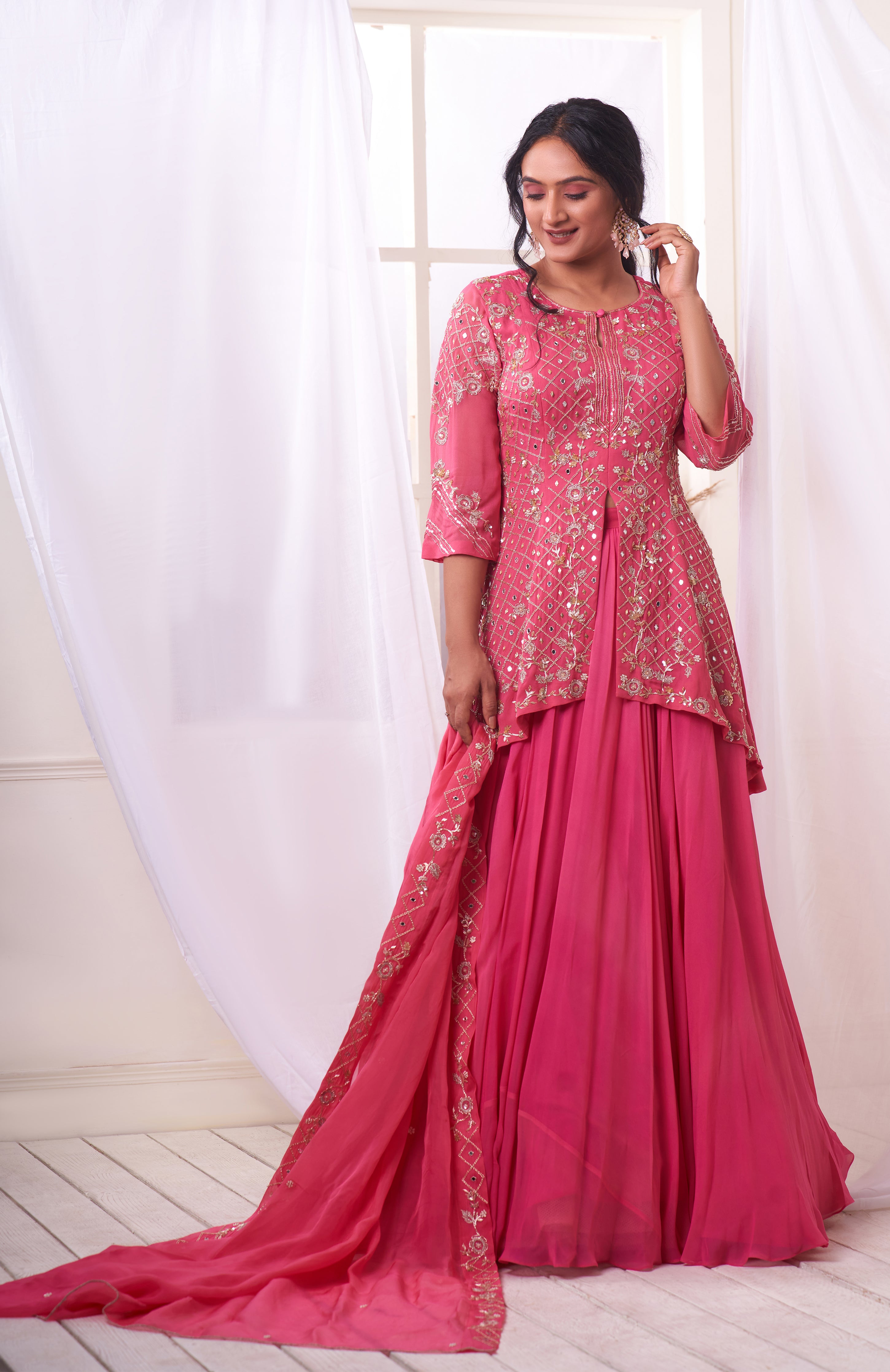 Candy Pink Lehenga With Asymmetric Long Choli - Main Image