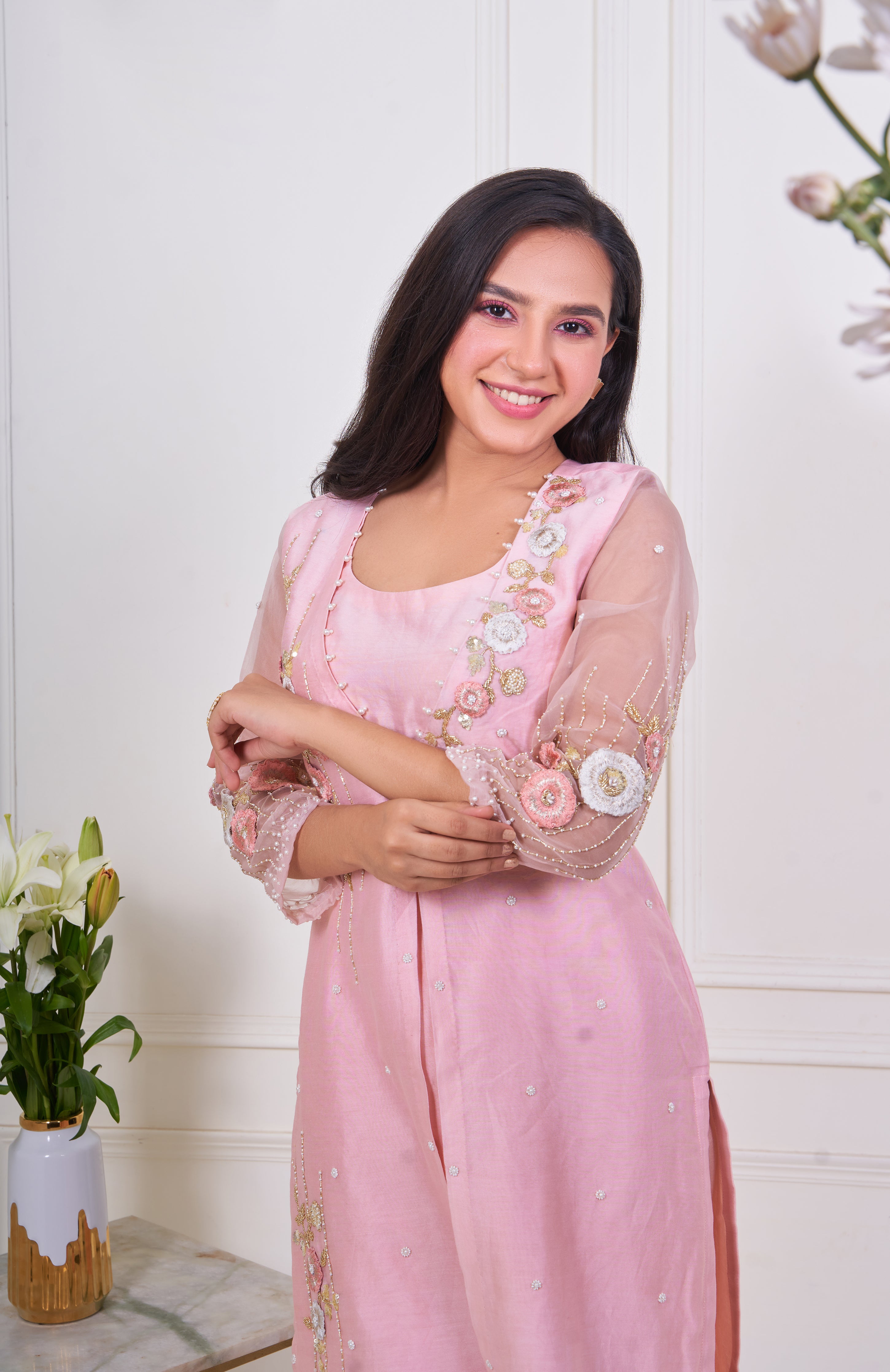 Peach Jacket Style Kurta set with Organza Sleeves