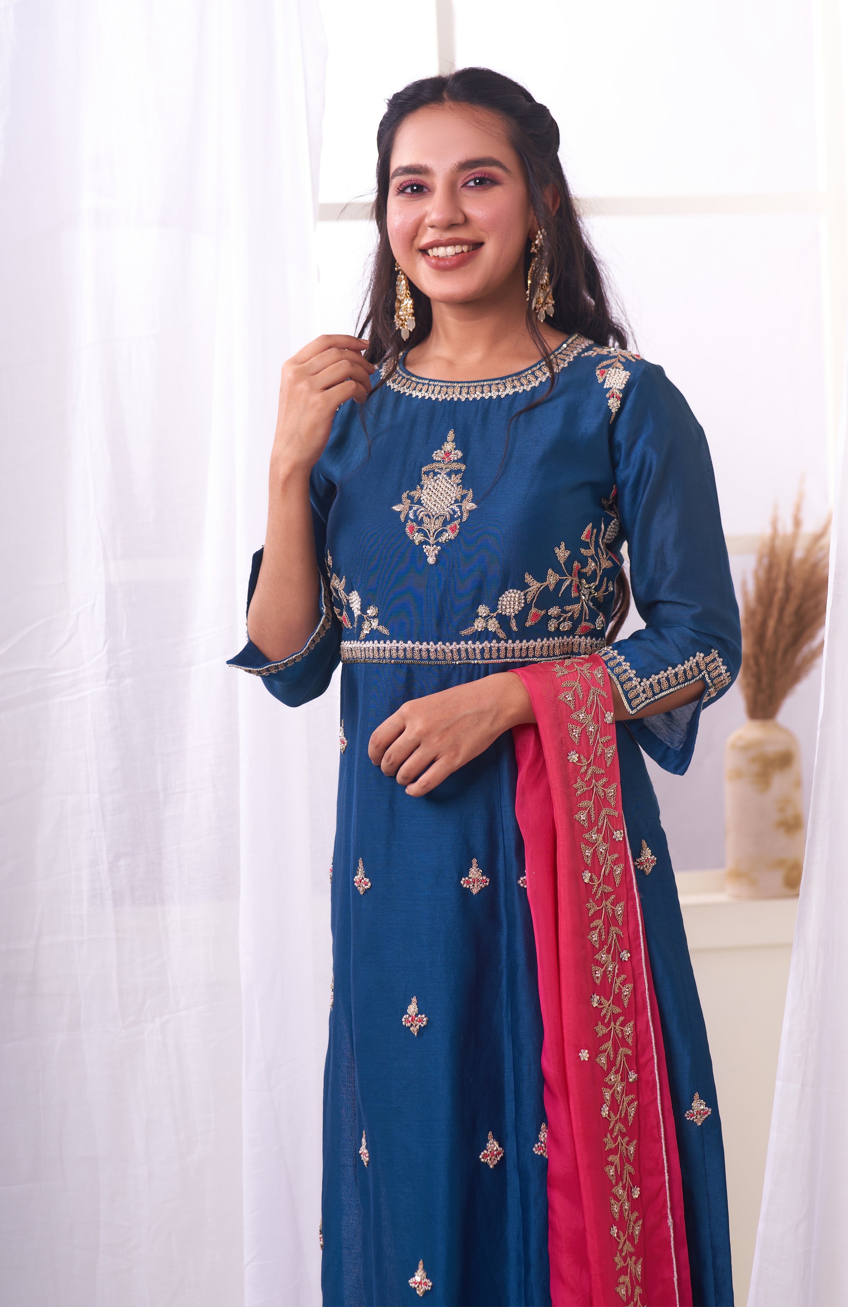 Teal Blue Kurta set with Pink Dupatta