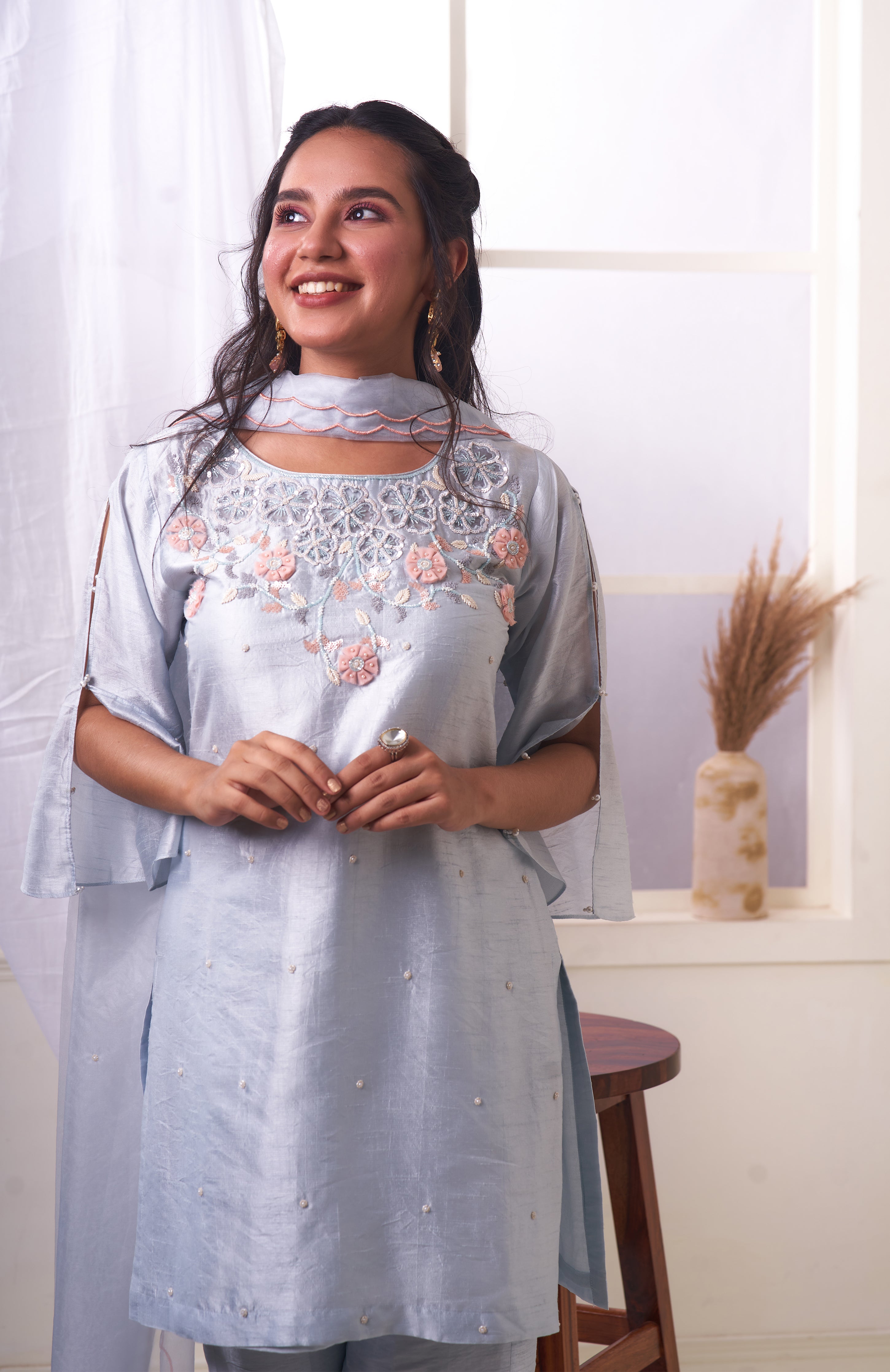 Powder Blue Kurta set with Embroidered Pants