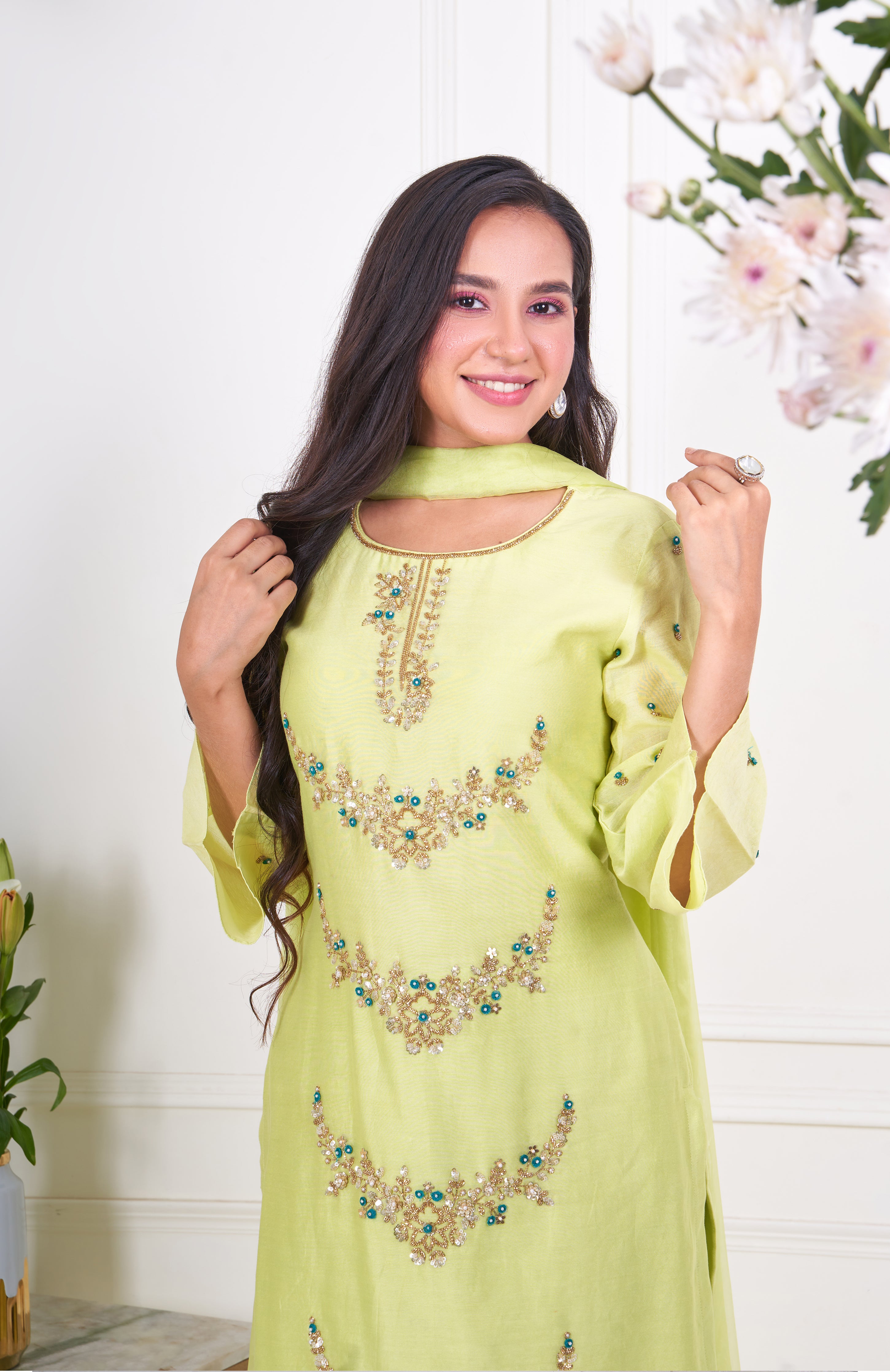 Lime Green Kurta set with Intricate Embroidery