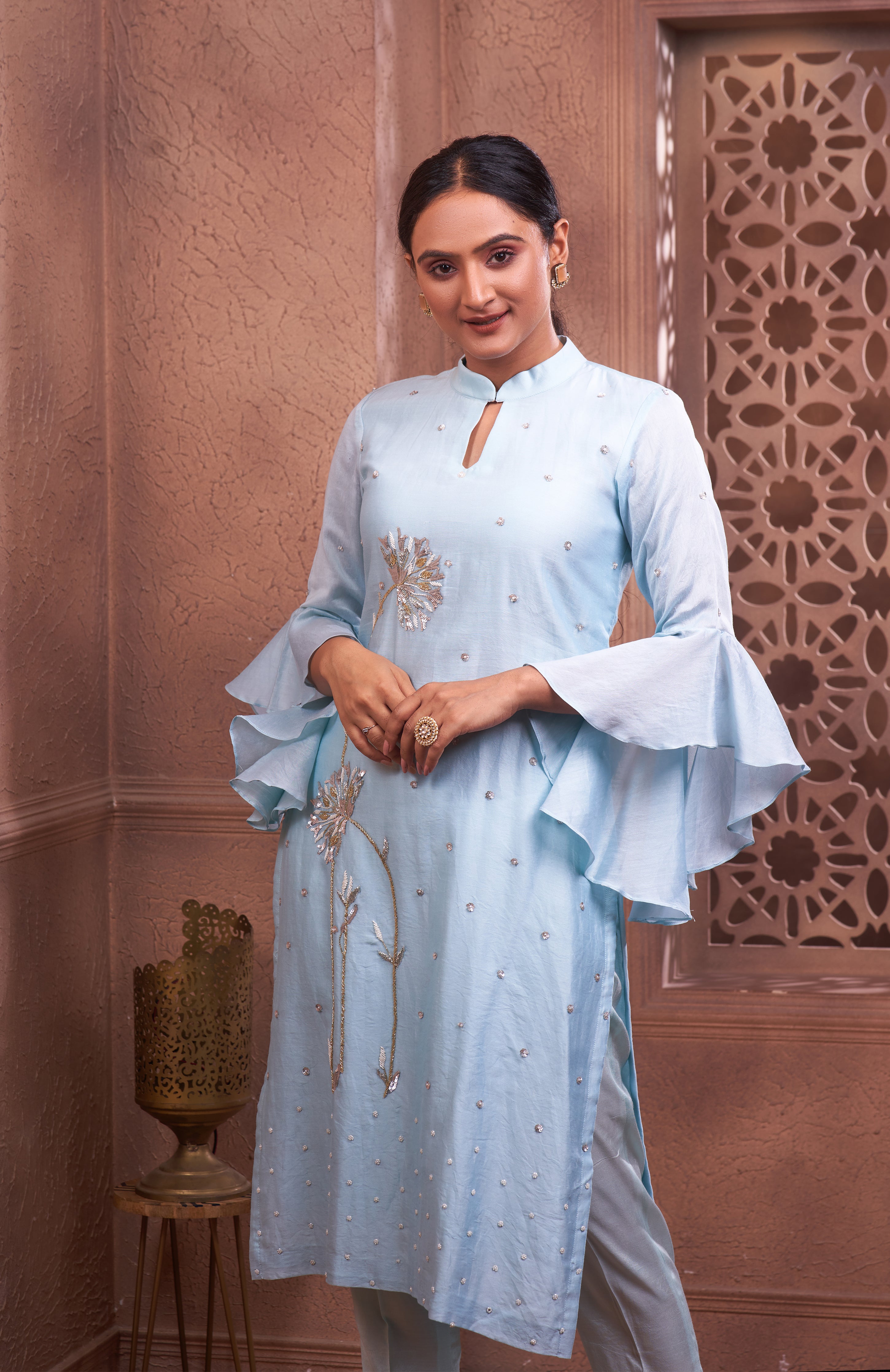 Powder Blue Hand Embroidered Kurta set with Bell Sleeves