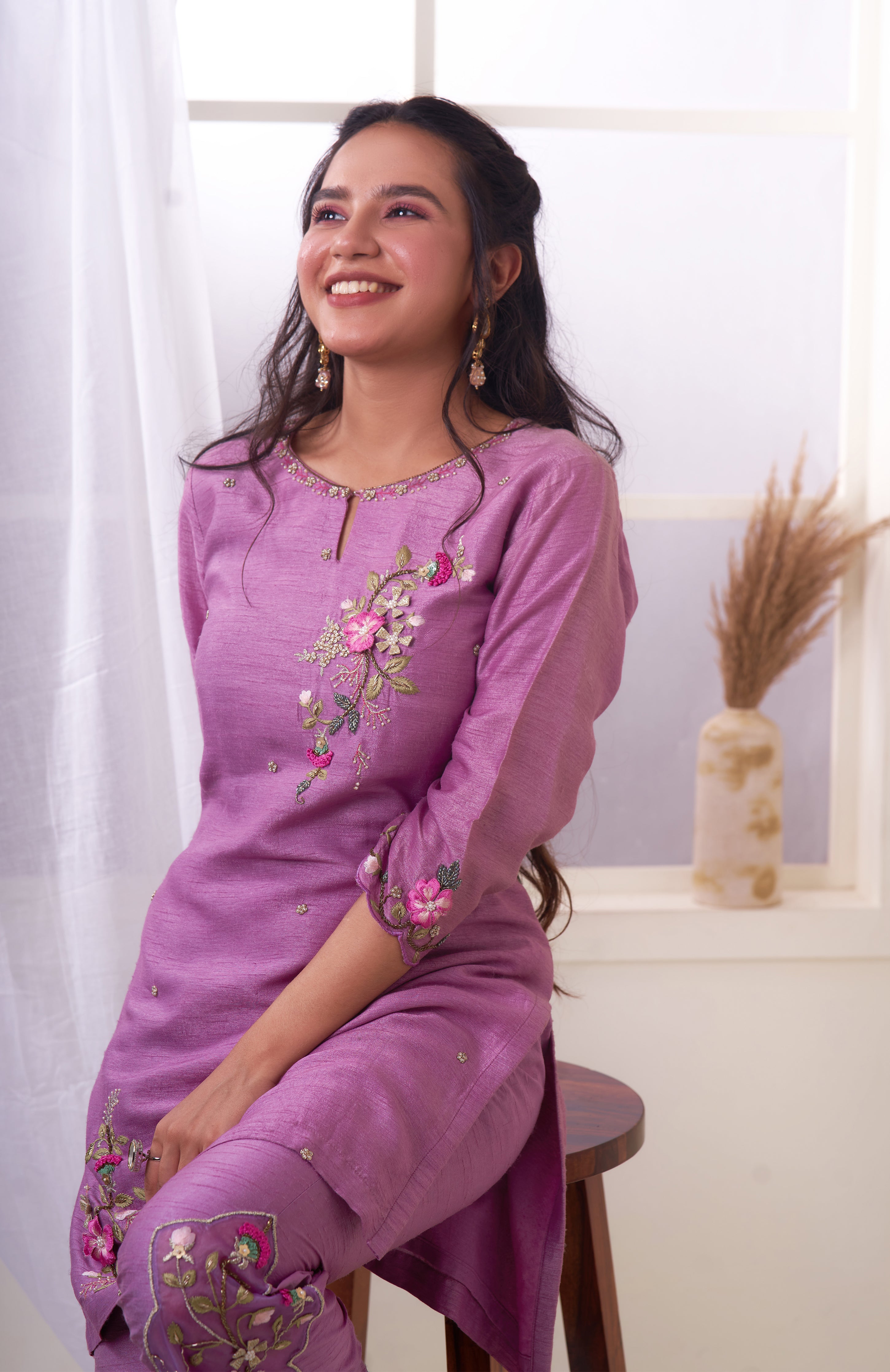 Lavender Kurta set with Embroidered Pants