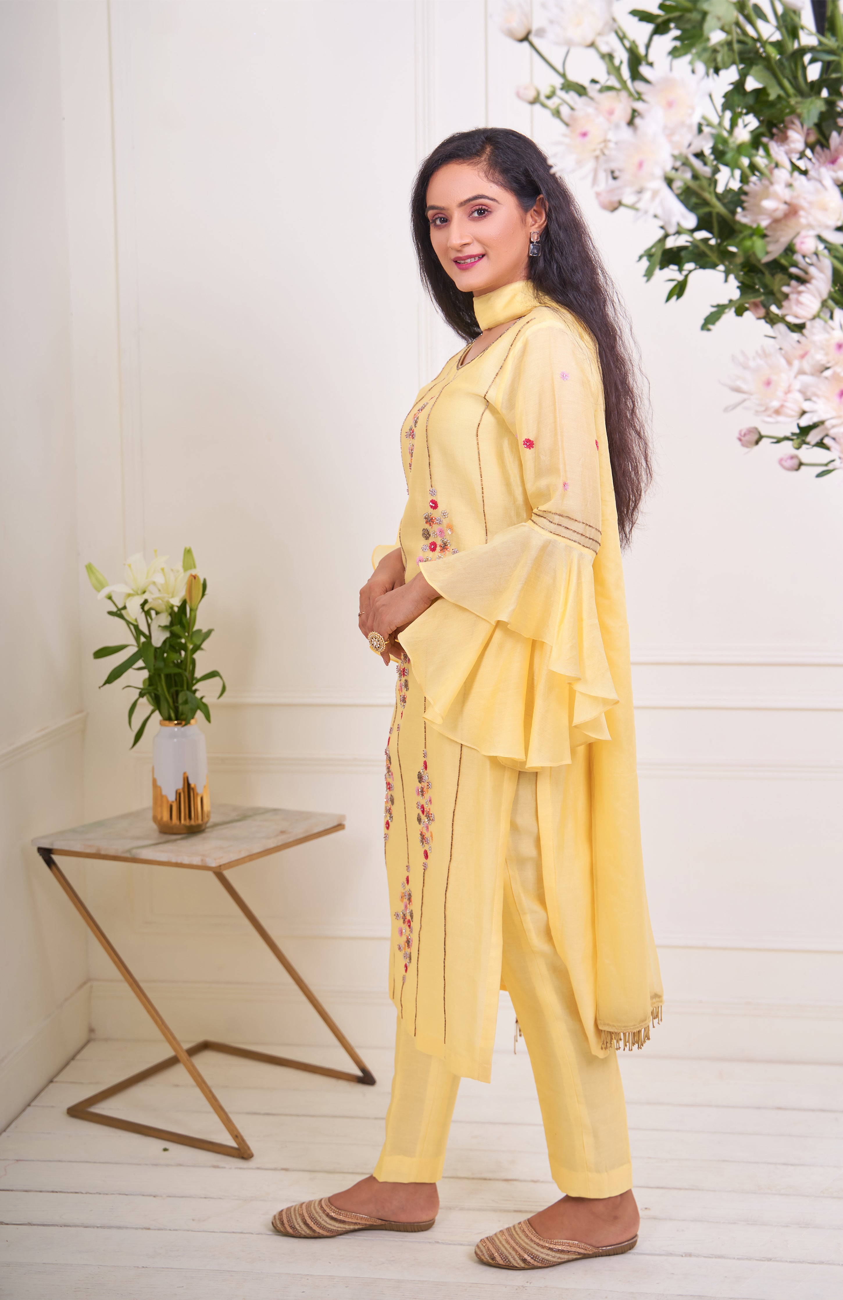 Mellow Yellow Pure Chanderi Bell Sleeves Kurta set