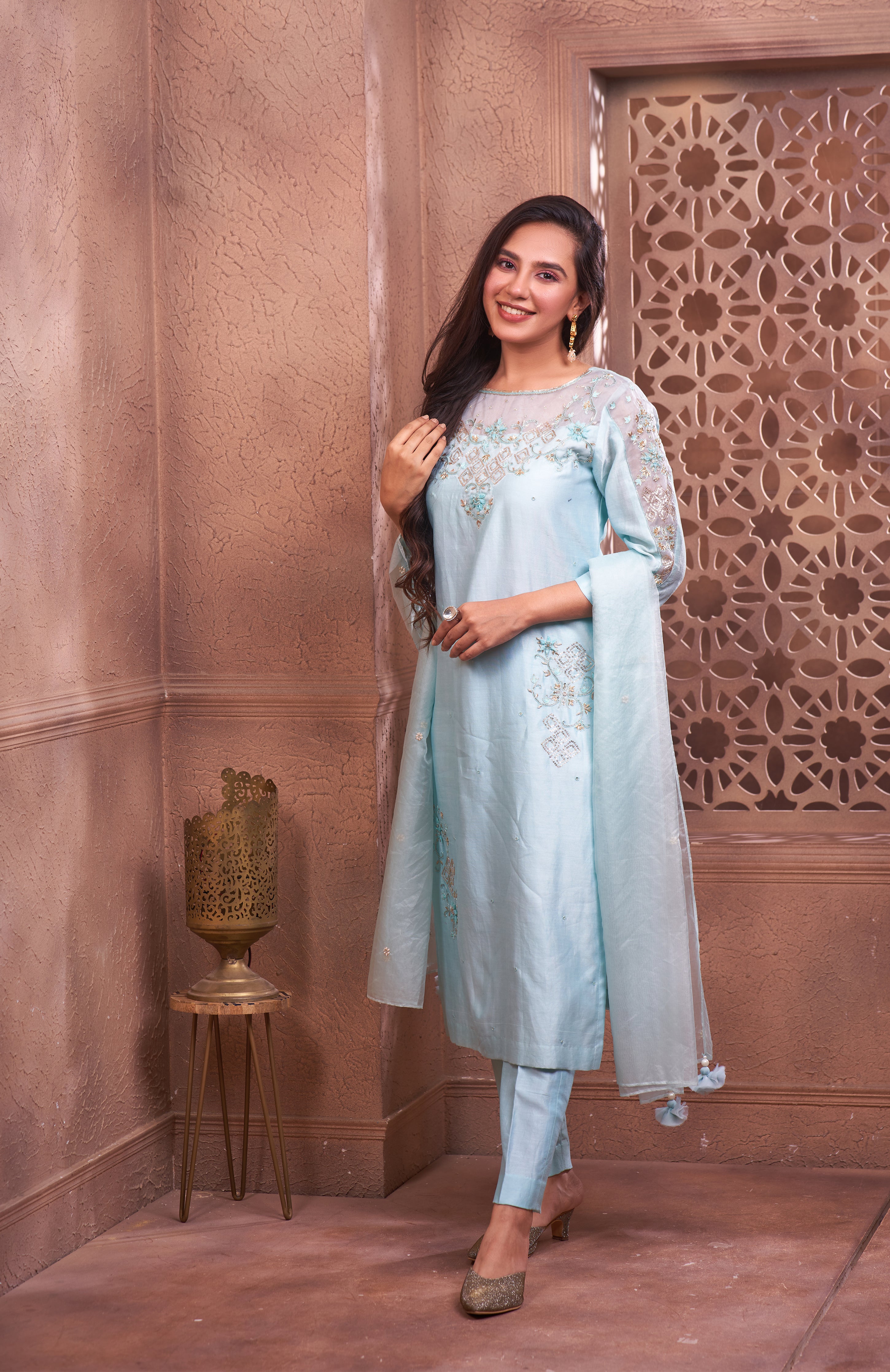 Aqua Blue Kurta Set With Embroidered Sleeves