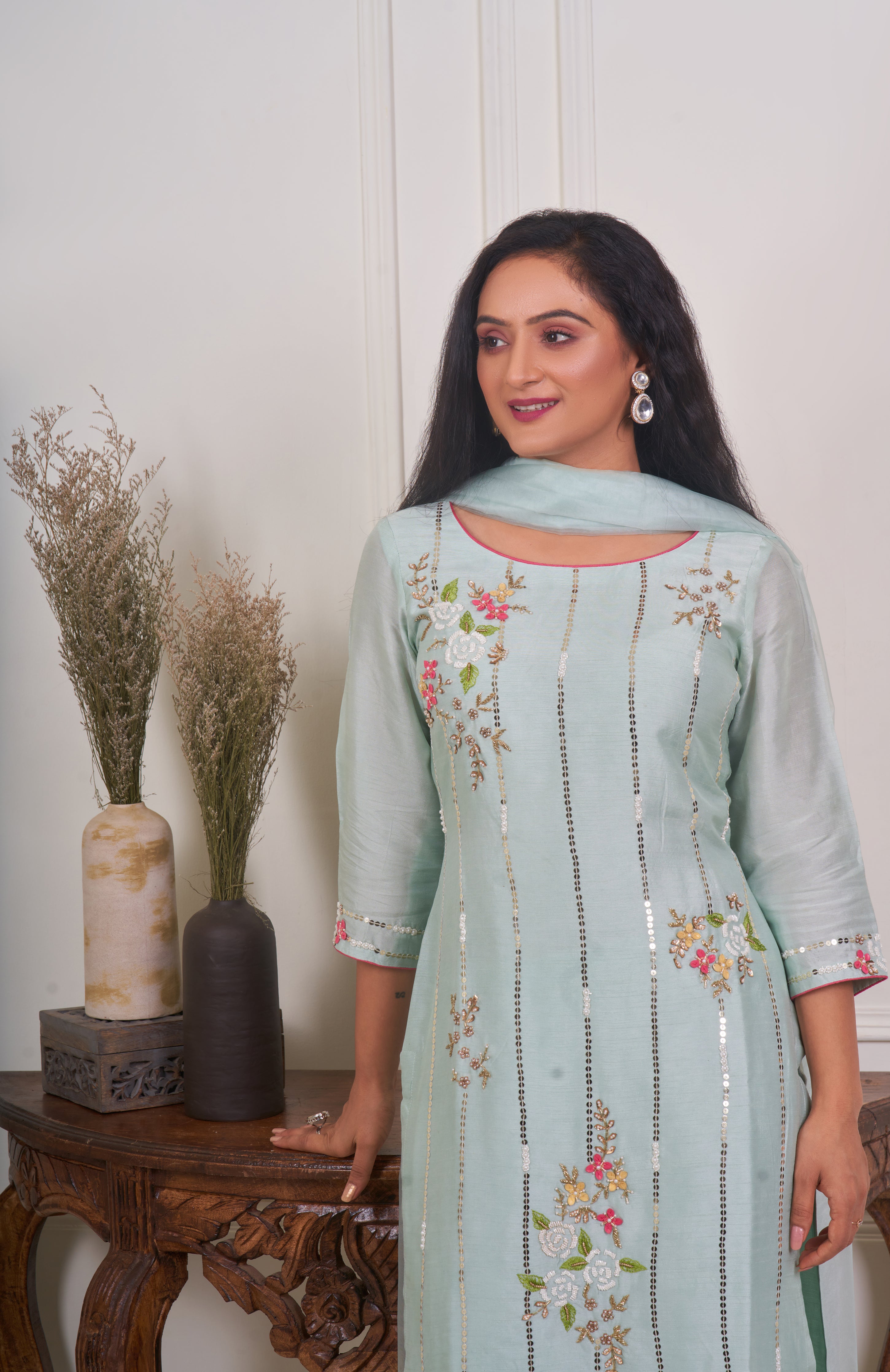 Powder Blue Kurta set with Sequins and Pearl Work