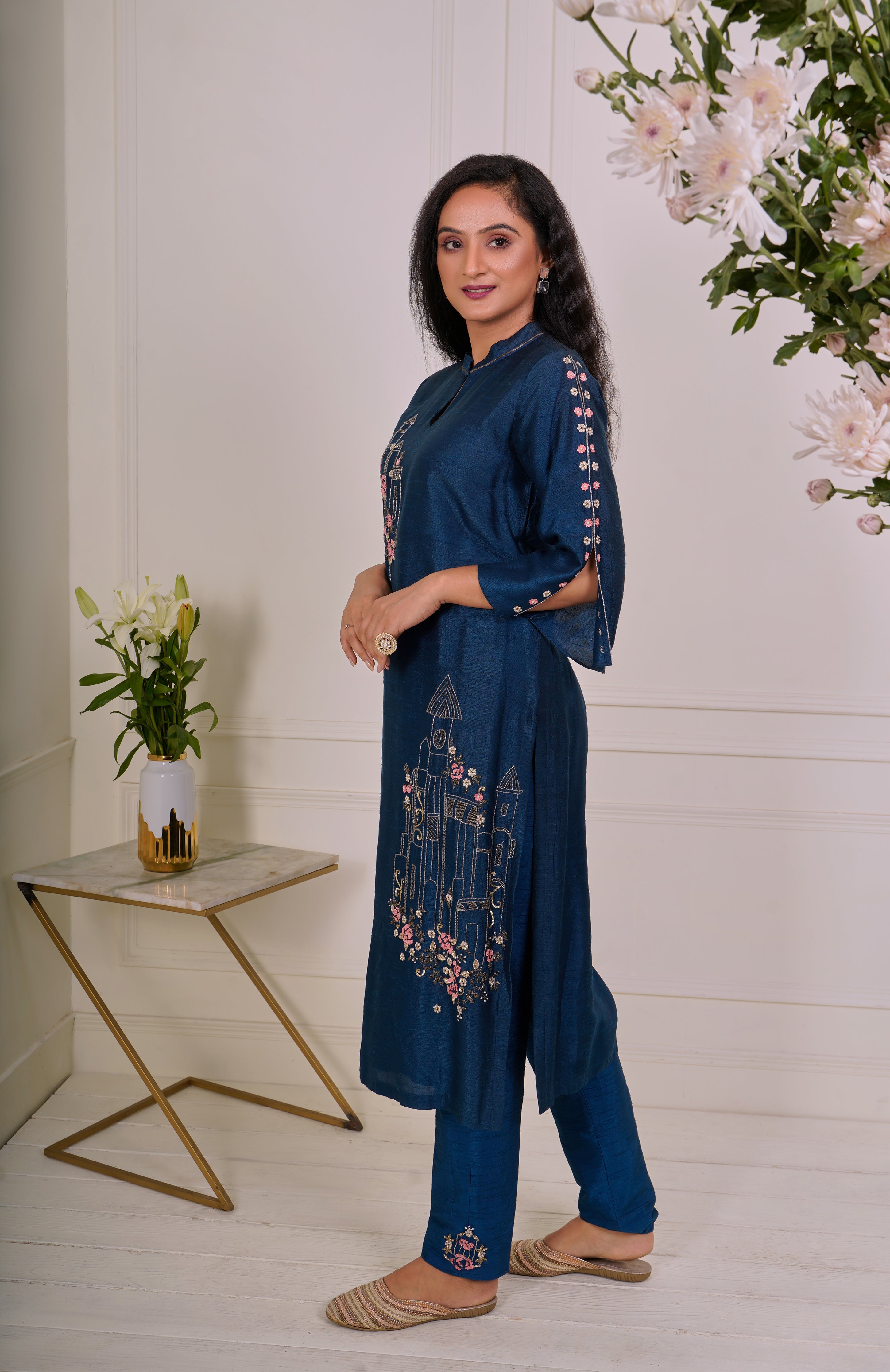 Persian Blue Kurta set with Sequin flowers