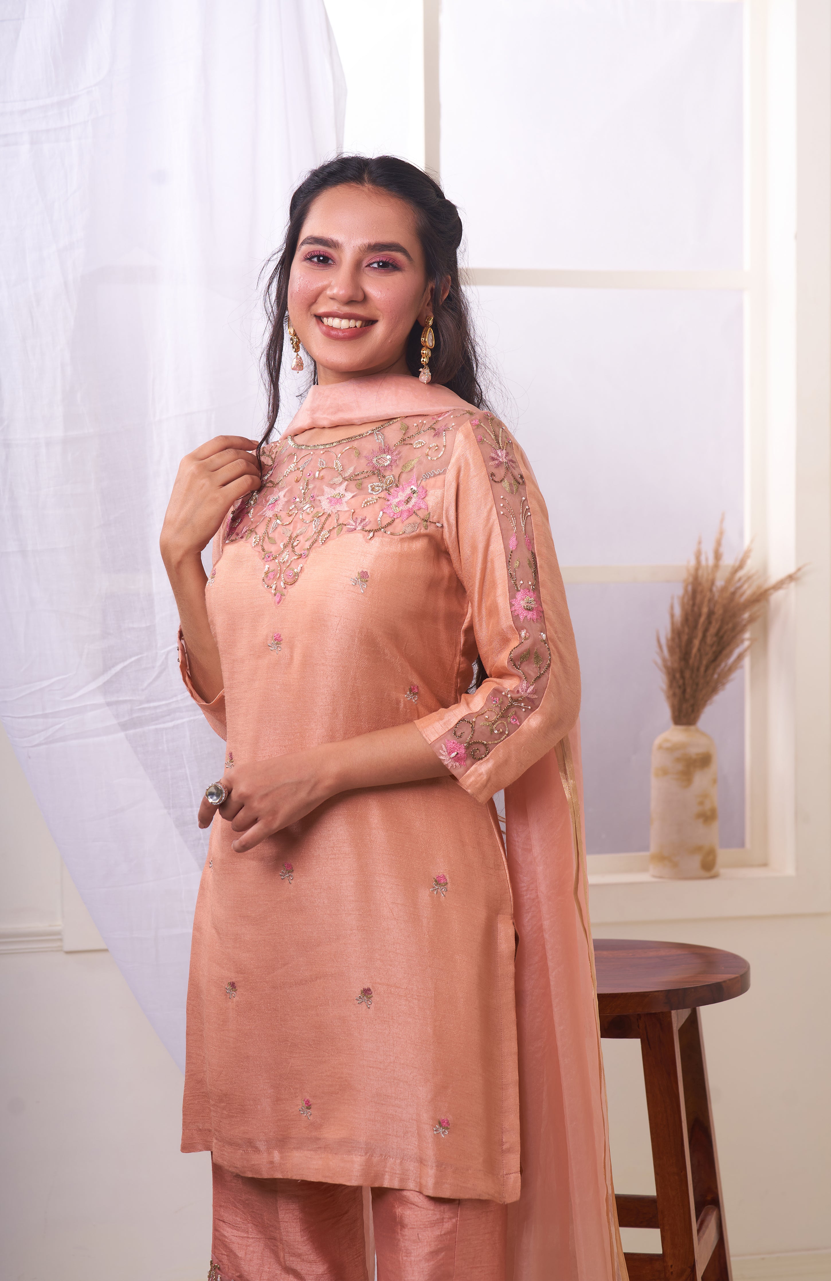 Rose Gold Kurta set with Embroidered Pants