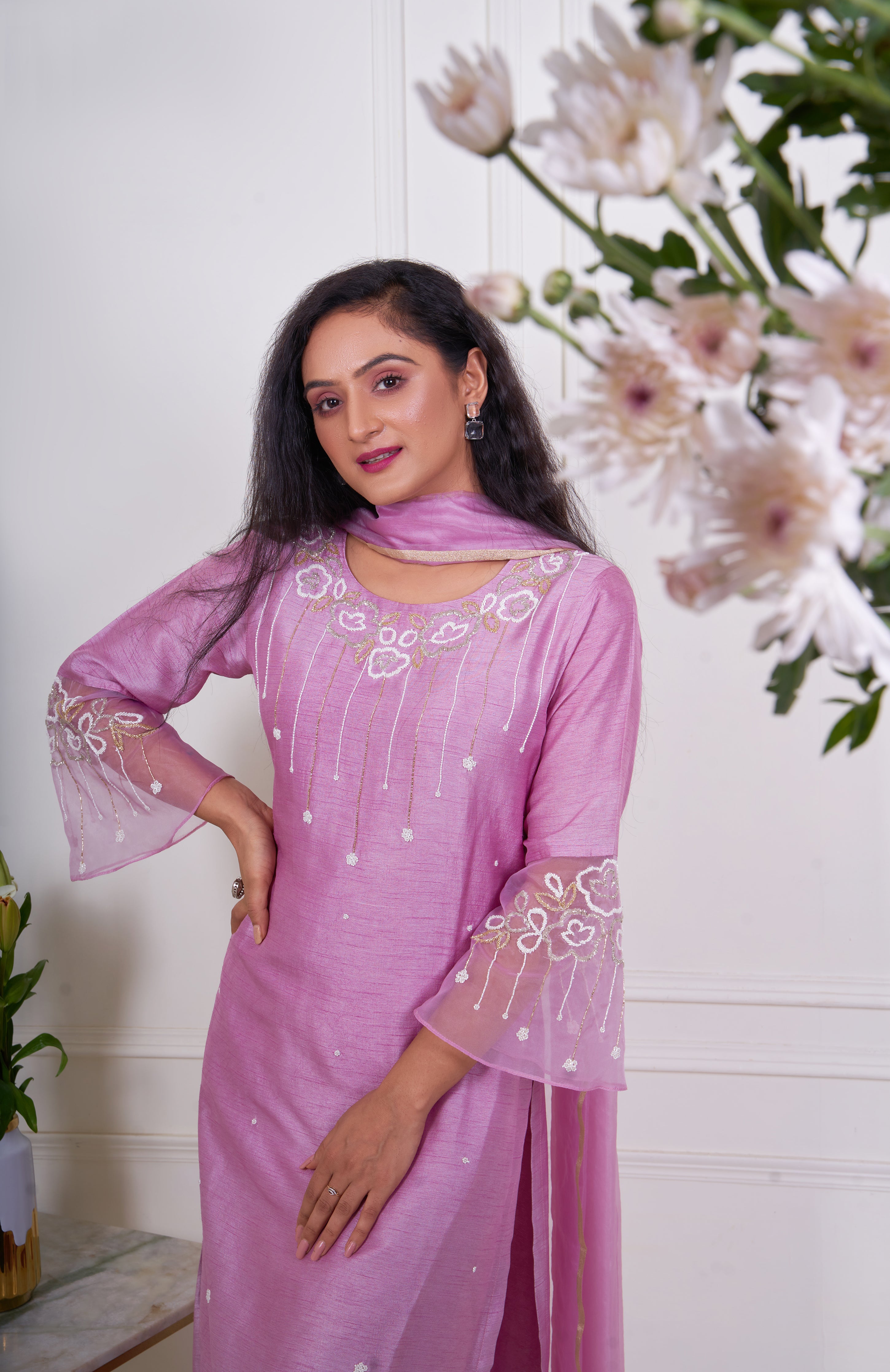 Lavender Kurta set with Embroidered Organza Sleeve Details