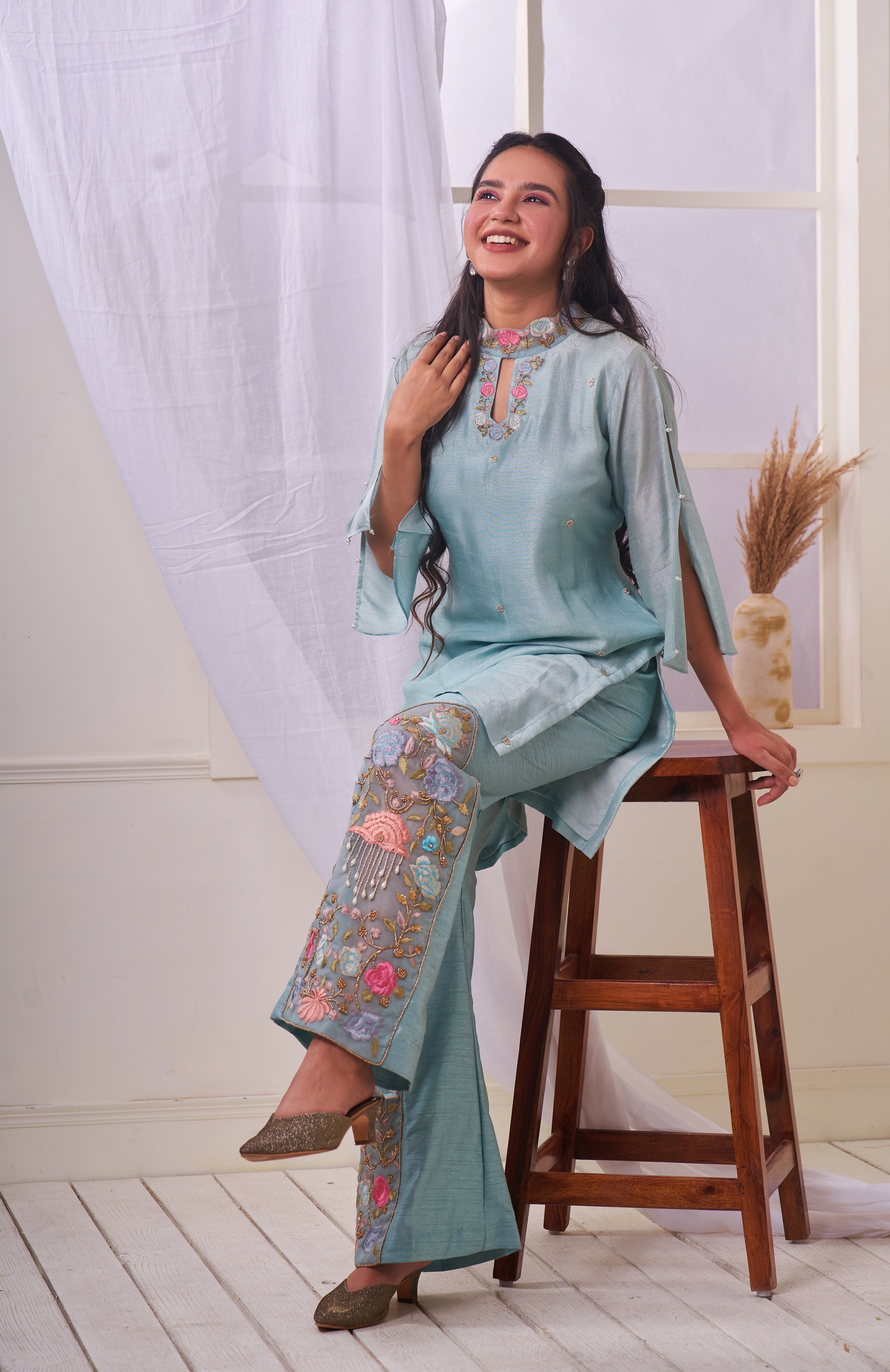 Misty Blue Short Kurta with Embroidered Pants