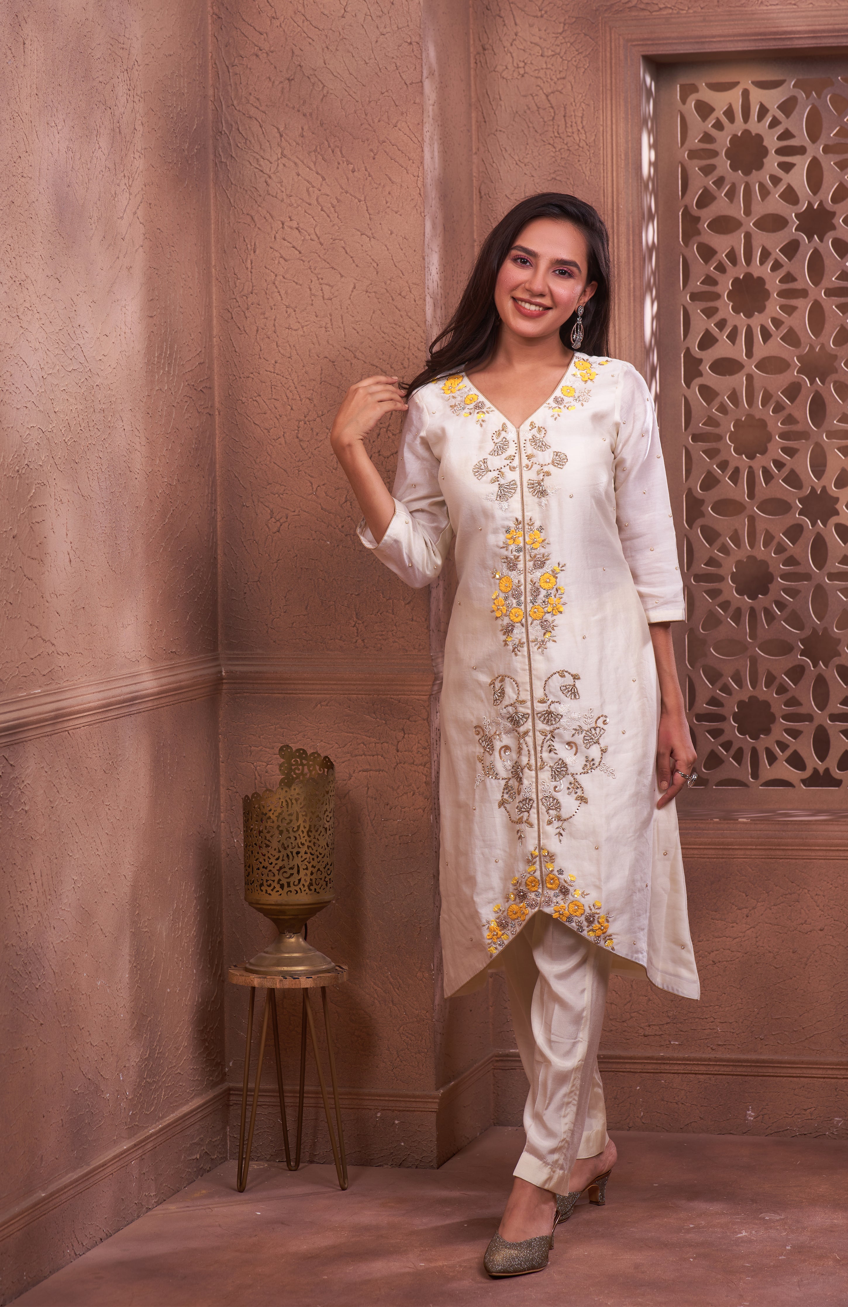 Ivory Kurta set with Asymmetric Hemline