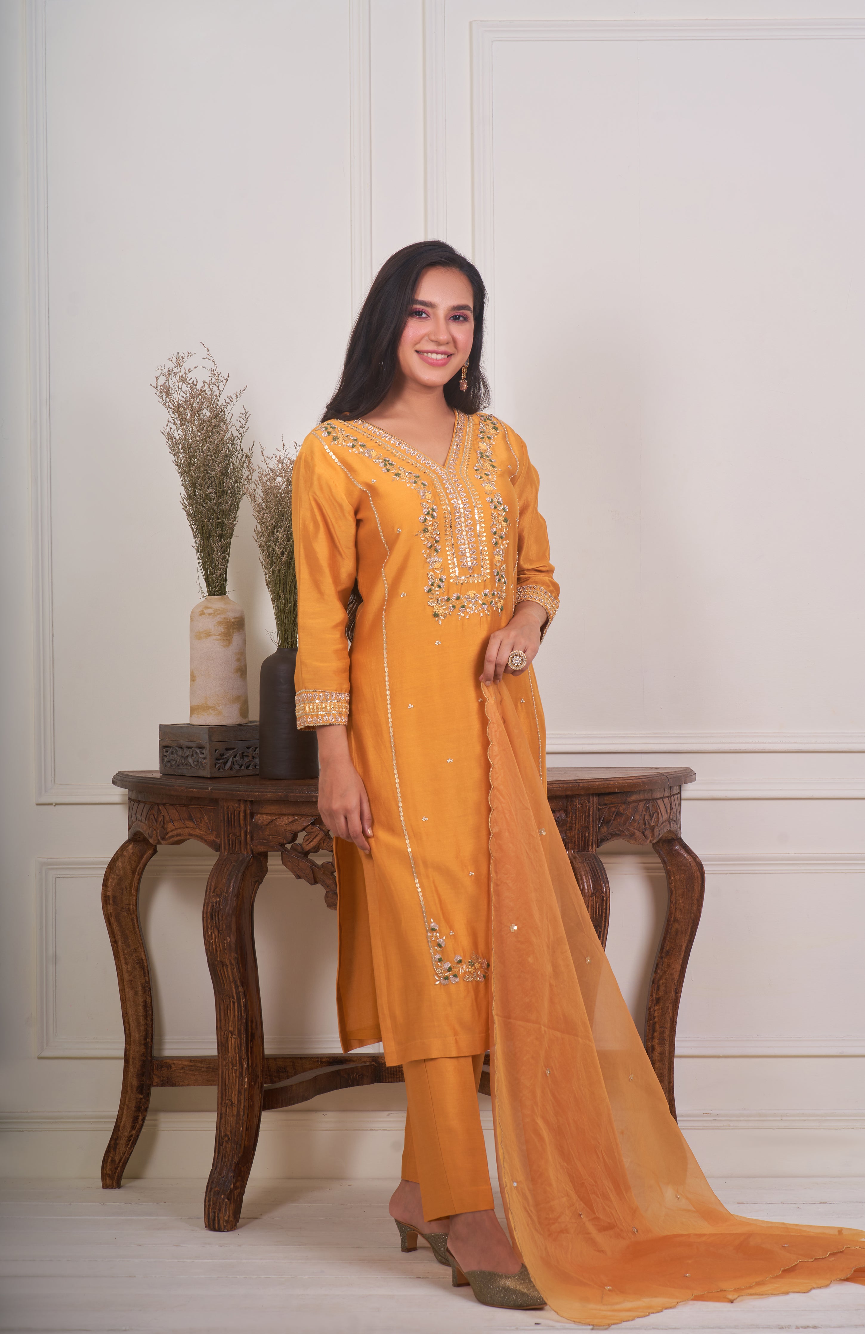 Mustard Kurta set with Dabka Embroidery